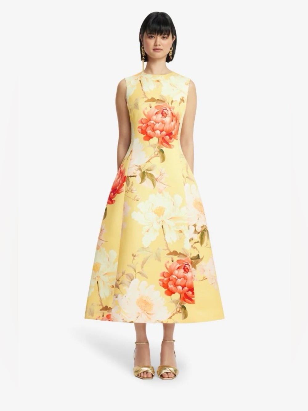 LEO LIN Cleo Yellow Orange Floral Print Sleeveless A-Line Midi Dress AU8/US4